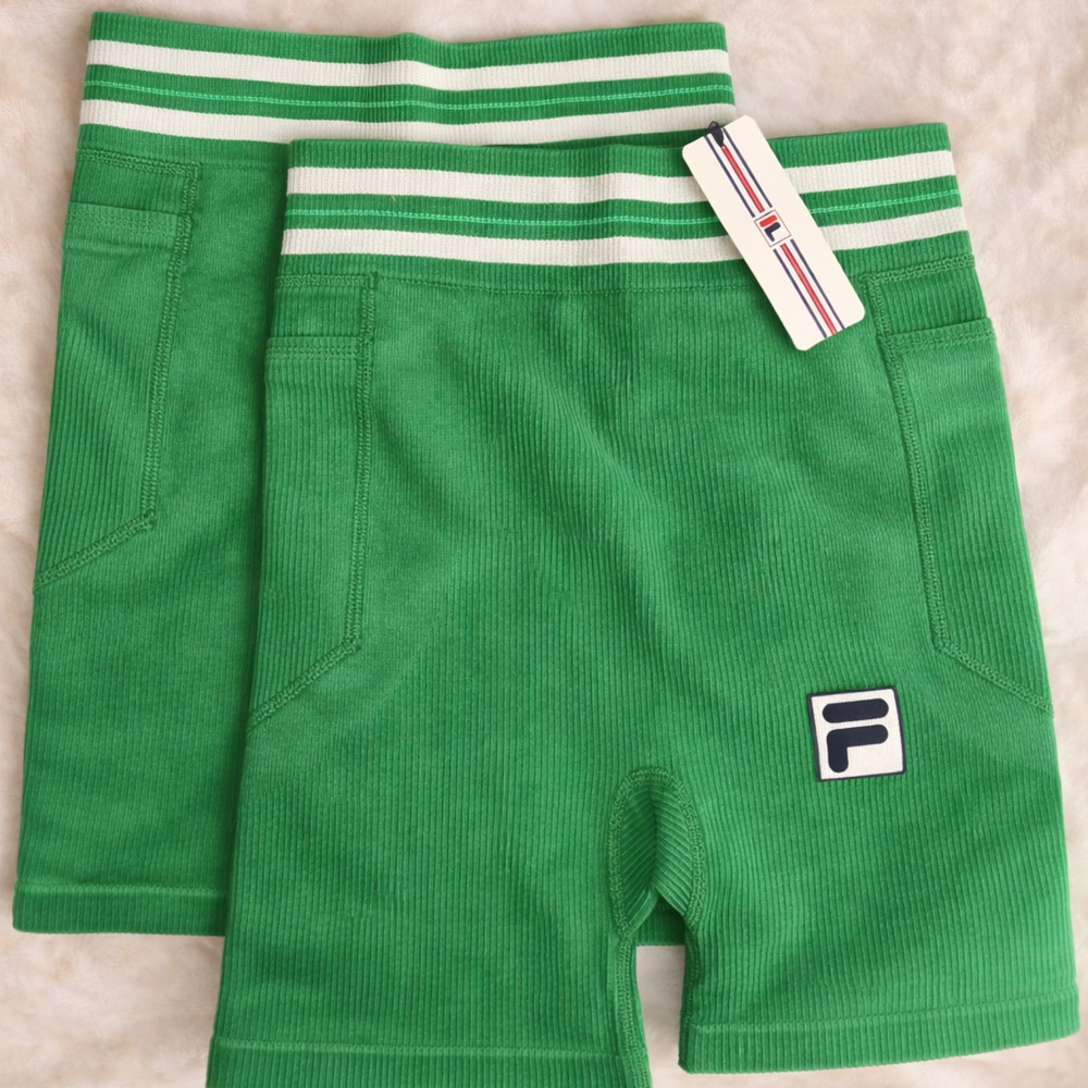 ONE PAIR of FILA Green and White Striped Biker shorts Size Small NWT